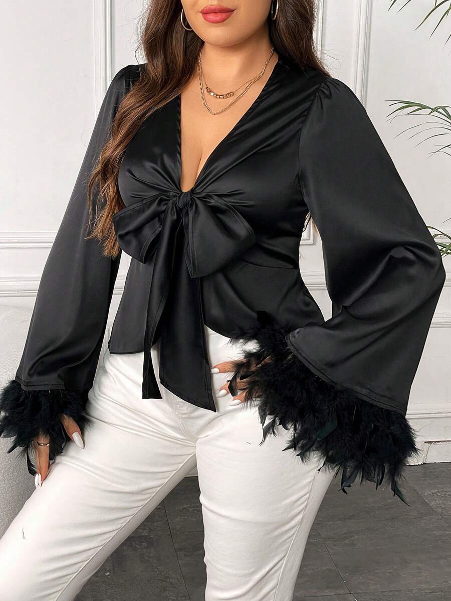 SHEIN LUNE Hơn 	
Fuzzy Cổ tay áo Nút phía trước Xa ten Áo sơ mi - màu đen - Xem 1