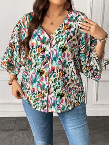 SHEIN Clasi Plus Allover Print Batwing Sleeve Blouse - Multicolor - View 4