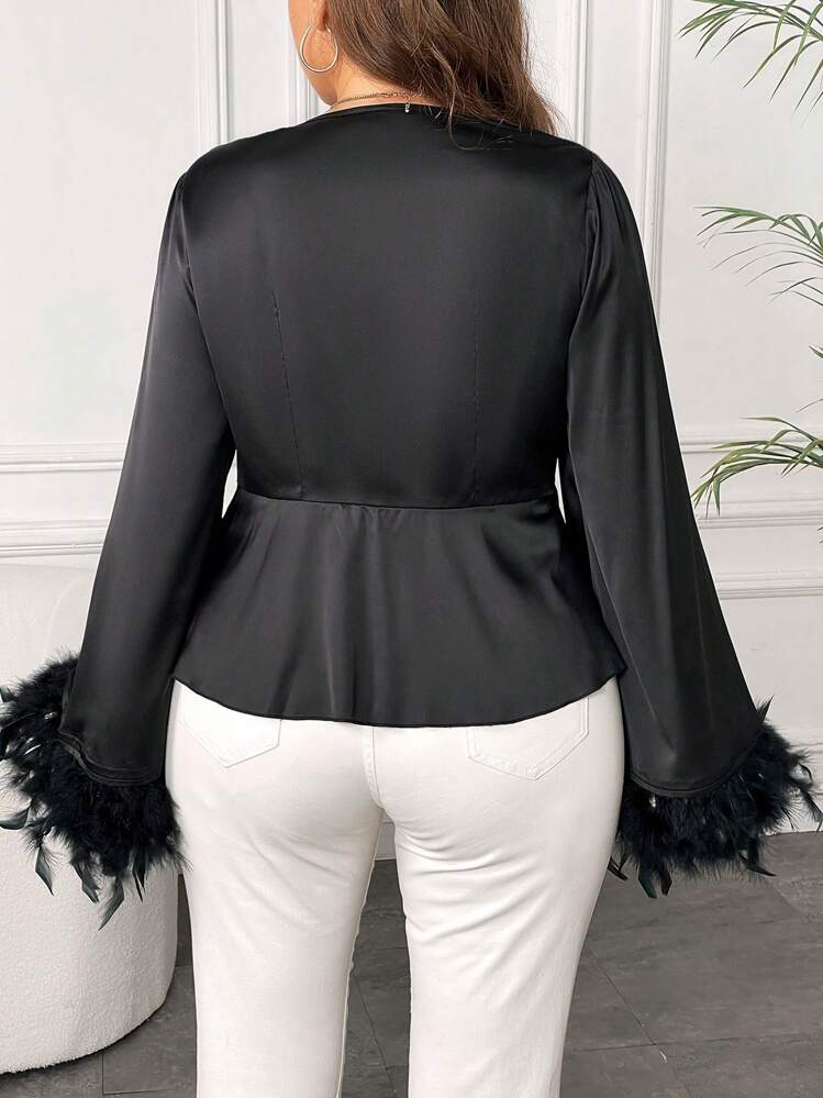 SHEIN LUNE Talla grande Blusa de peluche puño con nudo delantero de satén - Negro - Ver 2