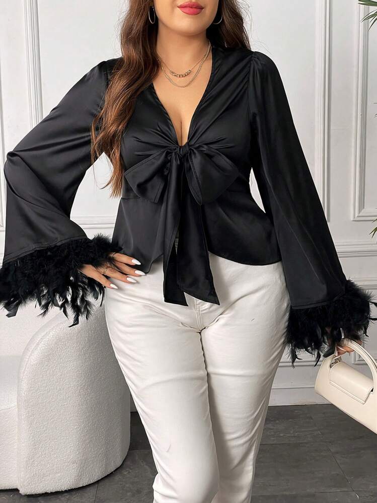 SHEIN LUNE Talla grande Blusa de peluche puño con nudo delantero de satén - Negro - Ver 3