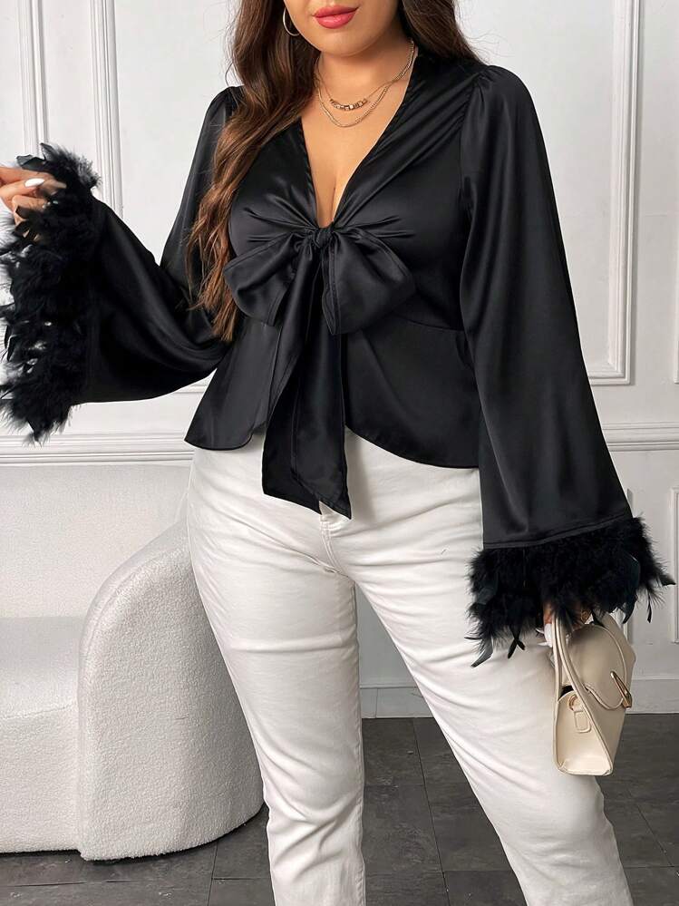 SHEIN LUNE Talla grande Blusa de peluche puño con nudo delantero de satén - Negro - Ver 4