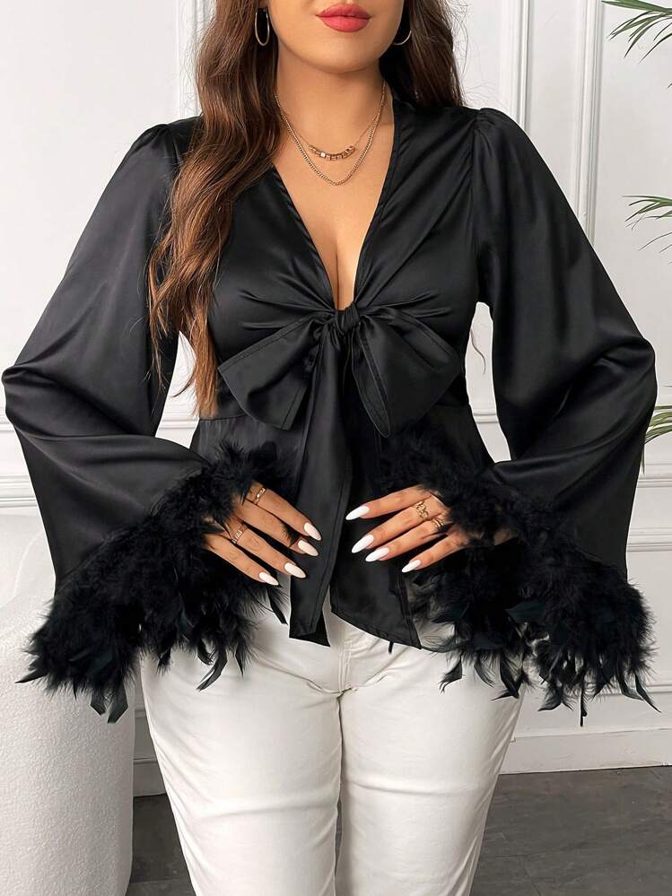 SHEIN LUNE Talla grande Blusa de peluche puño con nudo delantero de satén - Negro - Ver 5