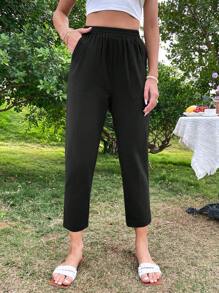 SHEIN LUNE 素色斜口袋九分長褲 - 黑色 - 查看 1