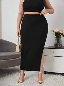 SHEIN Essnce 大碼高腰高衩半身裙 - 黑色 - 查看 2