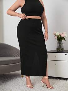 SHEIN Essnce 大碼高腰高衩半身裙 - 黑色 - 查看 1