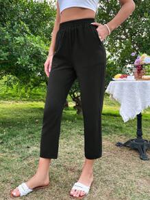 SHEIN LUNE 素色斜口袋九分長褲 - 黑色 - 查看 6