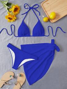 Swim Mod Summer Beach Plain Halter Triangle Bikini Set With Beach Skirt - Royal Blue - View 1