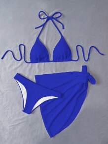 Swim Mod Summer Beach Plain Halter Triangle Bikini Set With Beach Skirt - Royal Blue - View 3