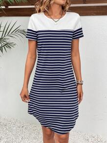 SHEIN VCAY Striped Print Tee Dress - Blue and White - View 6
