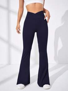 SHEIN Yoga Basic 寬腰帶翻蓋口袋下擺開叉喇叭運動褲 - 藏蓝色 - 查看 3