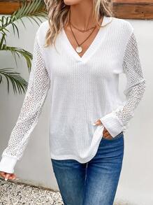 SHEIN Frenchy 素色V領T恤 - 白色 - 查看 4