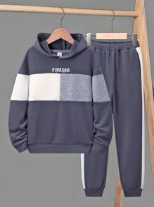 SHEIN Cậu bé Tween Đồ họa Chữ cái Khối màu Áo Hoodie & Quần thể thao - Nhiều màu - Xem 1