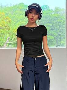 SHEIN EZwear 夏季黑色y2k實心褶皺短袖上衣 - 黑色 - 查看 3