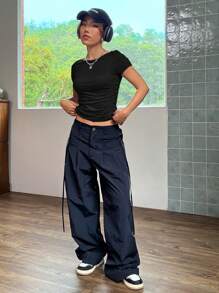 SHEIN EZwear 夏季黑色y2k實心褶皺短袖上衣 - 黑色 - 查看 6