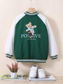 SHEIN Chica preadolescente Cazadora de universidad con estampado de oso y slogan de manga raglán de dos tonos - Verde - Ver 1