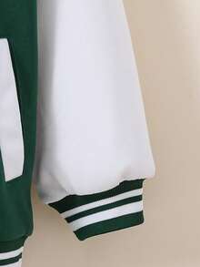 SHEIN Chica preadolescente Cazadora de universidad con estampado de oso y slogan de manga raglán de dos tonos - Verde - Ver 3