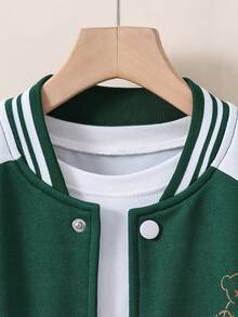 SHEIN Chica preadolescente Cazadora de universidad con estampado de oso y slogan de manga raglán de dos tonos - Verde - Ver 6