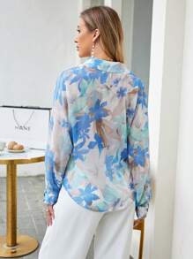 SHEIN VCAY Floral Print Hidden Button Shirt - Blue - View 2