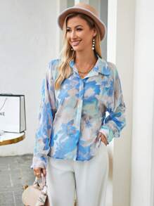 SHEIN VCAY Floral Print Hidden Button Shirt - Blue - View 5