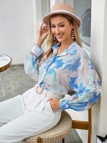 SHEIN VCAY Floral Print Hidden Button Shirt - Blue - View 3