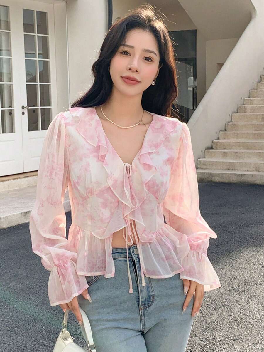DAZY Áo peplum tay bèo nhún viền buộc phía trước, quần áo nữ mùa thu - Hồng - Xem 1