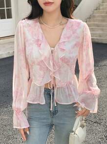DAZY Áo peplum tay bèo nhún viền buộc phía trước, quần áo nữ mùa thu - Hồng - Xem 4