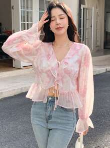 DAZY Áo peplum tay bèo nhún viền buộc phía trước, quần áo nữ mùa thu - Hồng - Xem 6