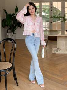 DAZY Áo peplum tay bèo nhún viền buộc phía trước, quần áo nữ mùa thu - Hồng - Xem 7