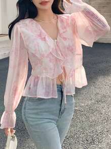 DAZY Áo peplum tay bèo nhún viền buộc phía trước, quần áo nữ mùa thu - Hồng - Xem 8