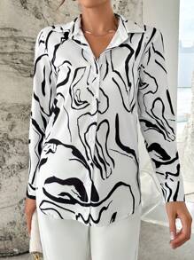 SHEIN Essnce Allover Print Button Front Shirt - Black and White - View 6