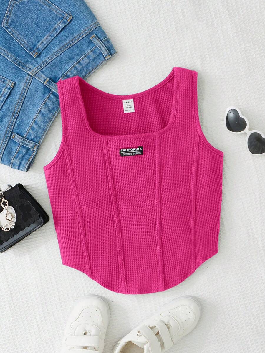 SHEIN 青少年女孩字母補丁細節弧形下擺背心上衣 - 玫紅色 - 查看 1