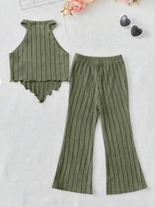 SHEIN Leap Crew 女小童木耳邊掛脖上衣&喇叭褲 - 軍綠色 - 查看 2