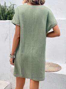 SHEIN Frenchy Notched Neck Batwing Sleeve Tunic Dress - Army Green - View 2