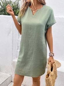 SHEIN Frenchy Notched Neck Batwing Sleeve Tunic Dress - Army Green - View 3