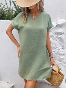 SHEIN Frenchy Notched Neck Batwing Sleeve Tunic Dress - Army Green - View 4