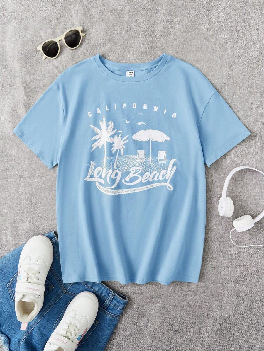 SHEIN Teen Girl Letter & Palm Tree Print Tee - Baby Blue - View 1