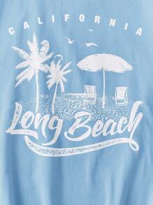 SHEIN Teen Girl Letter & Palm Tree Print Tee - Baby Blue - View 4