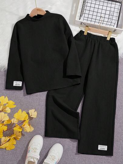 SHEIN Leap Crew Tween Girl Slogan Patched Mock Neck Top & Pants