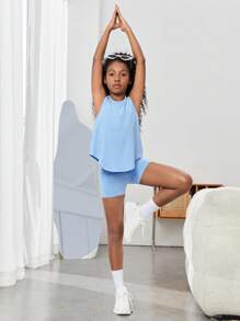 SHEIN Tween Girl Split Back Solid Active Tank Top & Cycling Shorts