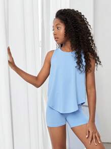 SHEIN Tween Girl Split Back Solid Active Tank Top & Cycling Shorts