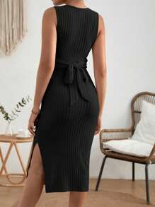 SHEIN Maternity Solid Ribbed Knit Split Thigh Dress - Black - View 2