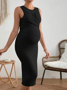 SHEIN Maternity Solid Ribbed Knit Split Thigh Dress - Black - View 4