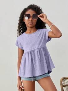 SHEIN Leap Crew 女大童網眼刺繡蝙蝠袖荷葉邊下擺T恤 - 紫丁香色 - 查看 3