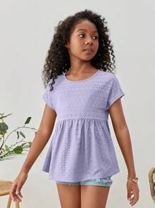 SHEIN Leap Crew 女大童網眼刺繡蝙蝠袖荷葉邊下擺T恤 - 紫丁香色 - 查看 4
