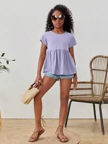 SHEIN Leap Crew 女大童網眼刺繡蝙蝠袖荷葉邊下擺T恤 - 紫丁香色 - 查看 6