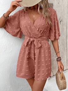 SHEIN VCAY 圓點蝴蝶袖腰帶連身短褲