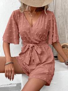 SHEIN VCAY 圓點蝴蝶袖腰帶連身短褲