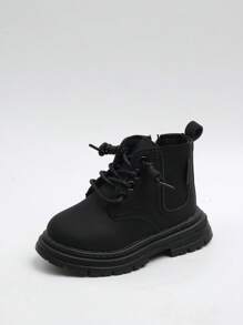 Infant & Kids' Flat Booties With Lace-up And Side Zipper, Unisex, Autumn/winter - Black - View 2