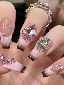 ROMWE Kawaii 24入組長款棺材3D水鑽裝飾假指甲和1入組指甲銼&1張織帶 - 粉色 - 查看 1