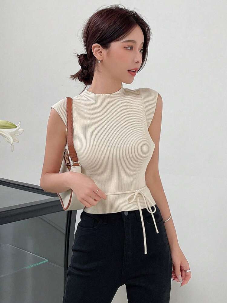 Solid Tie Front Ribbed Knit Sweater Vest